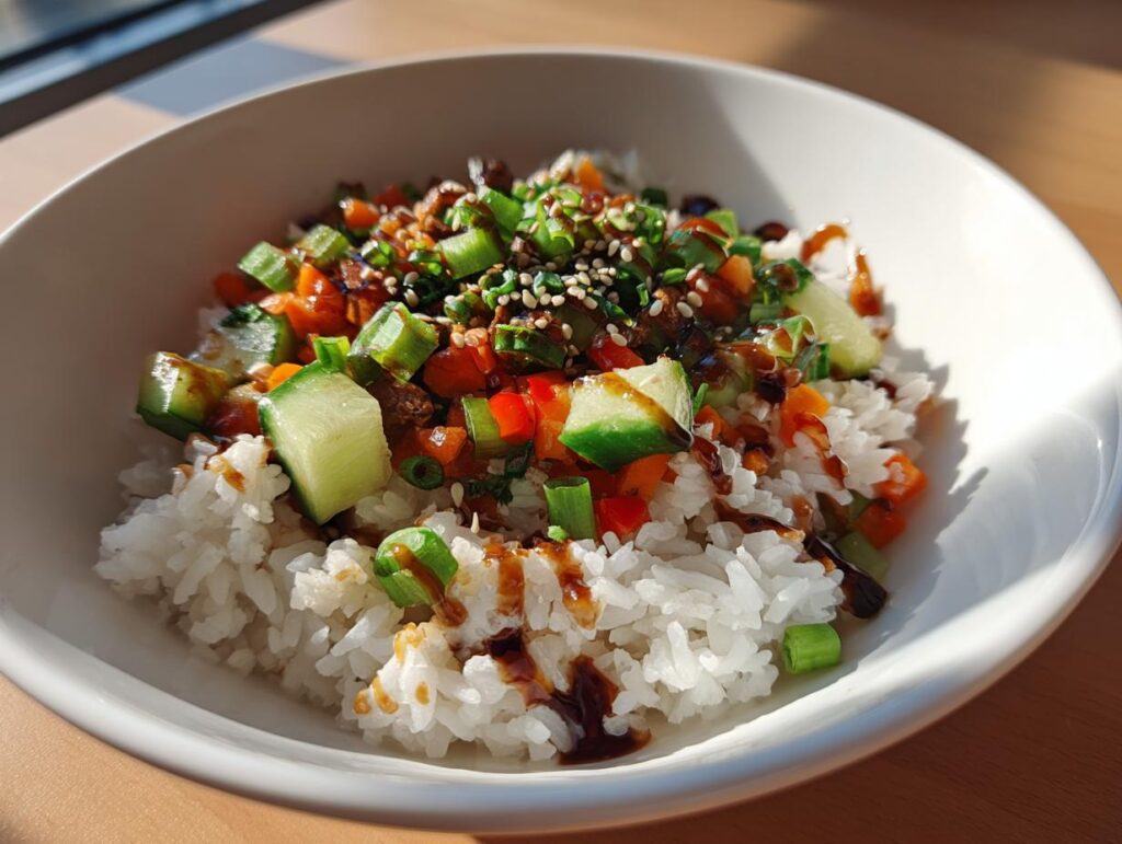 White rice bowl topped with diced cucumbers, carrots, green onions, sesame seeds, and dark sauce drizzle