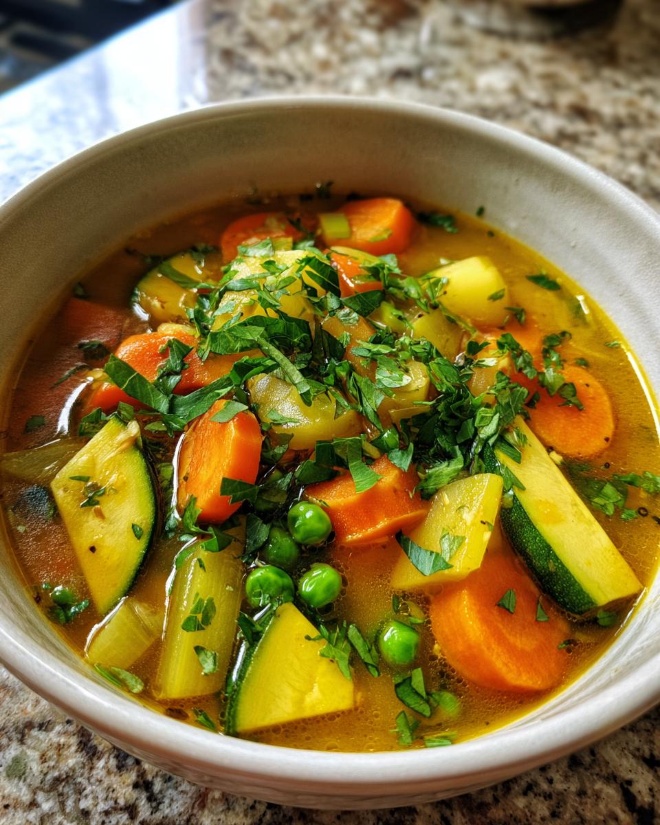 Bowl of colorful spring soup recipes with carrots, peas, zucchini, and fresh herbs