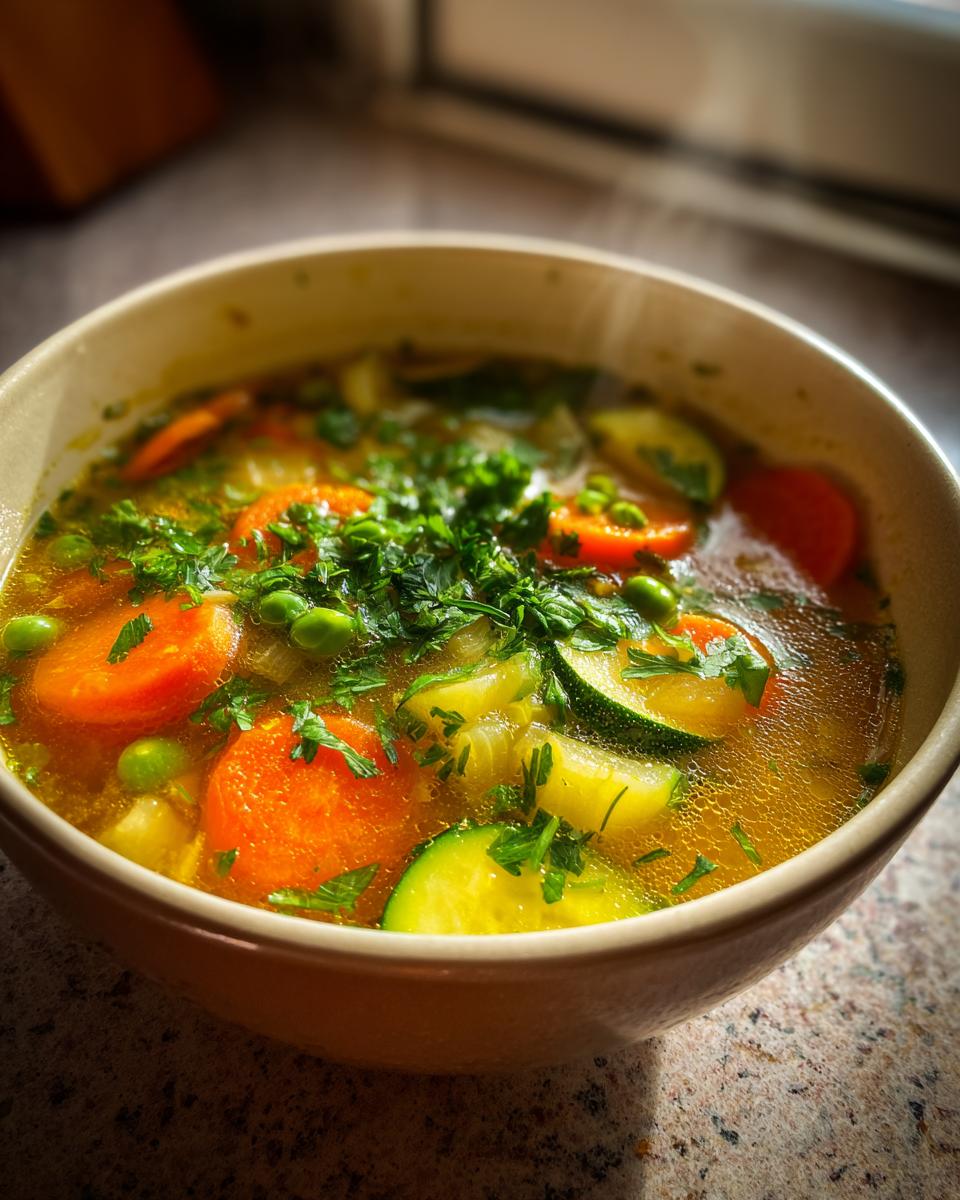 Steaming bowl of fresh vegetable spring soup with carrots, peas, zucchini, and herbs.