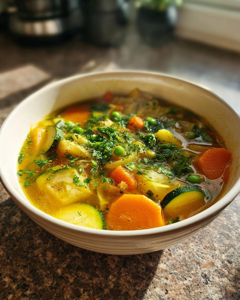 Bowl of steaming fresh vegetable spring soup with carrots, zucchini, peas, and herbs