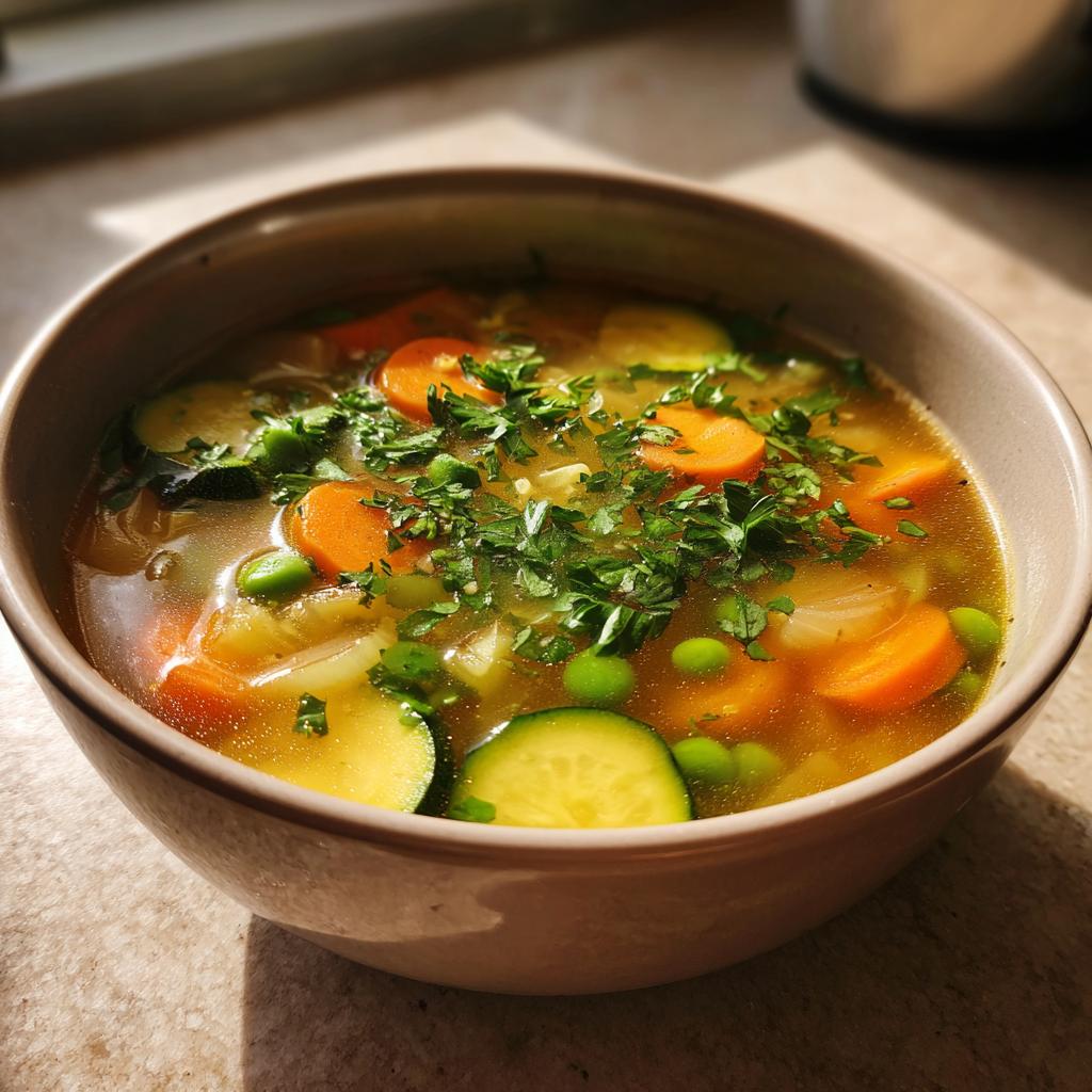 Bowl of fresh vegetable spring soup with carrots, zucchini, peas, and herbs