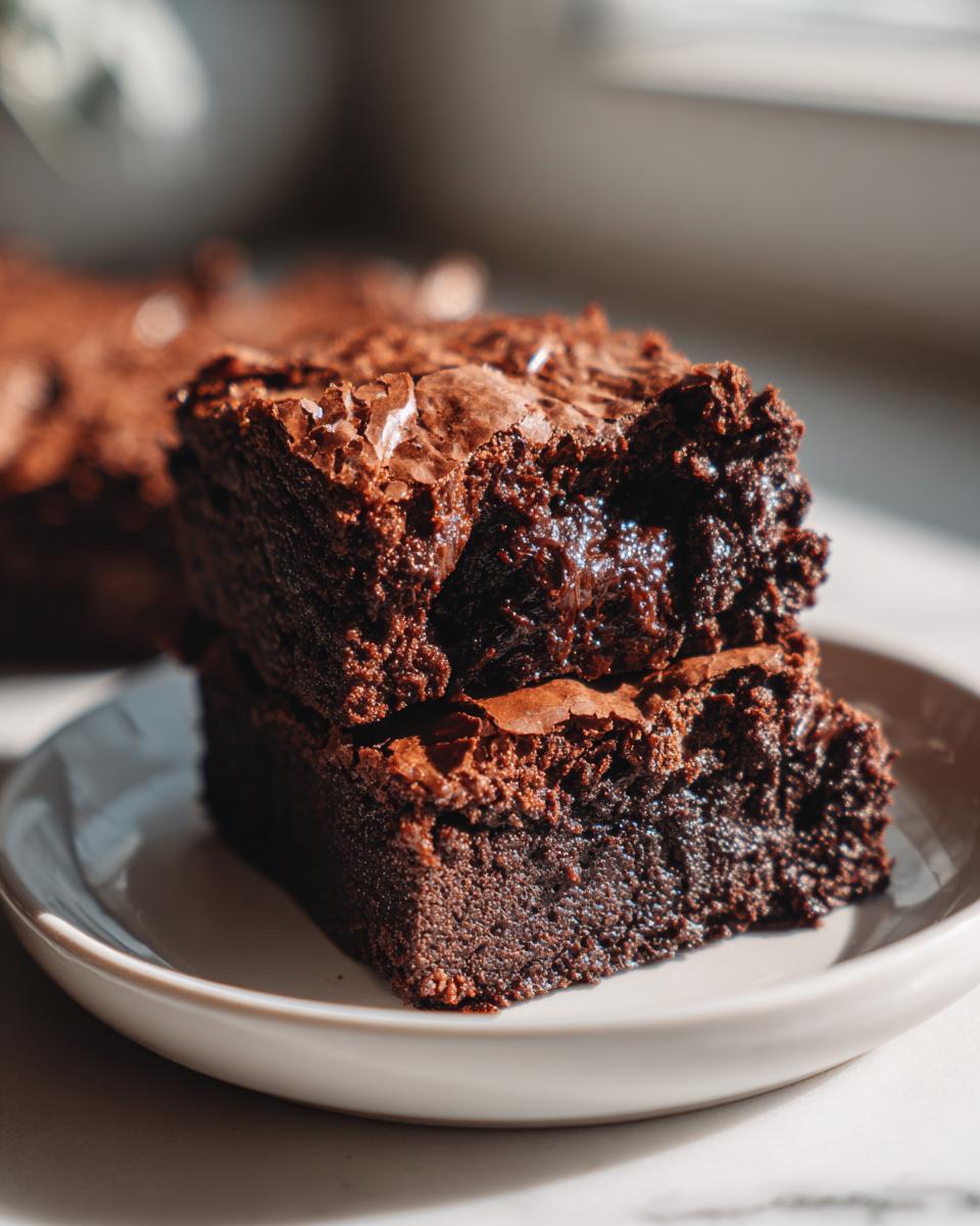 Two stacked fudgy brownie recipe squares on a white plate with a rich chocolate texture.