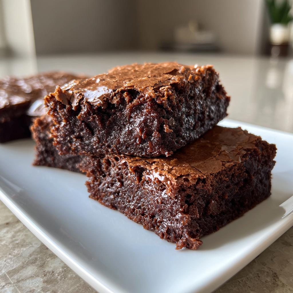 Two thick, moist fudgy brownie recipes squares stacked on a white plate.