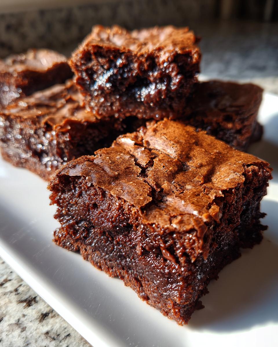 Close-up of rich, moist fudgy brownie recipes stacked on a white plate.