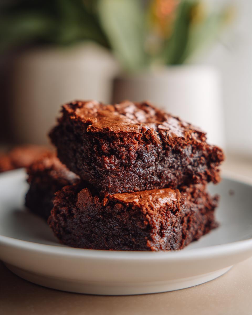 Close-up of two fudgy brownies stacked on a white plate, showcasing a moist texture