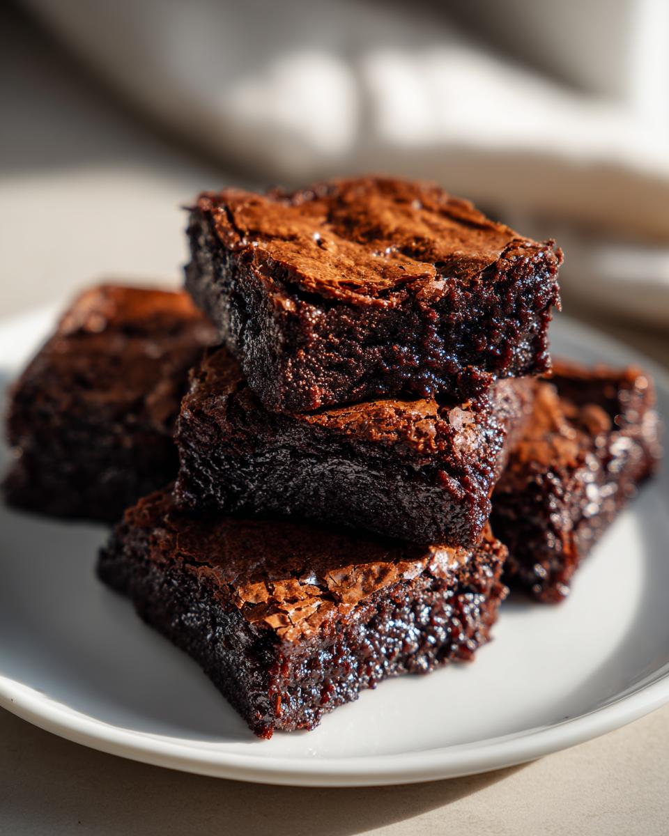 Close-up of stacked fudgy brownies with crackly tops on a white plate, showcasing easy brownie recipes.