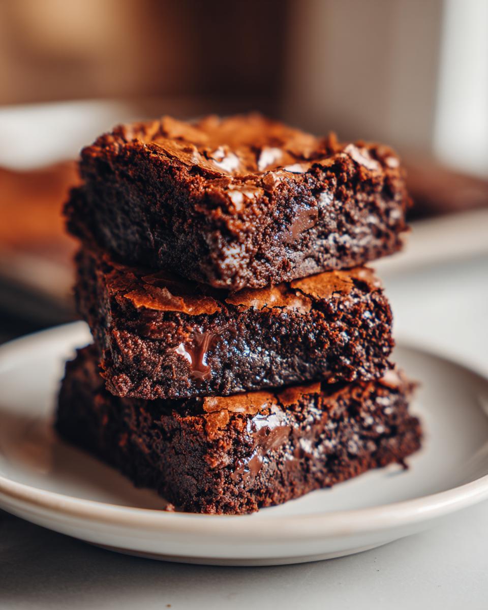 Three stacked fudgy brownies with a cracked top on a white plate, showcasing easy brownie recipes.