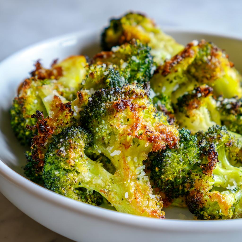 Close-up of roasted garlic parmesan broccoli in a white bowl, a tasty vegetable side dish recipe