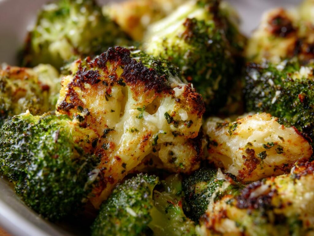 Close-up of garlic parmesan broccoli, a flavorful vegetable side dish recipe with herbs and seasoning.