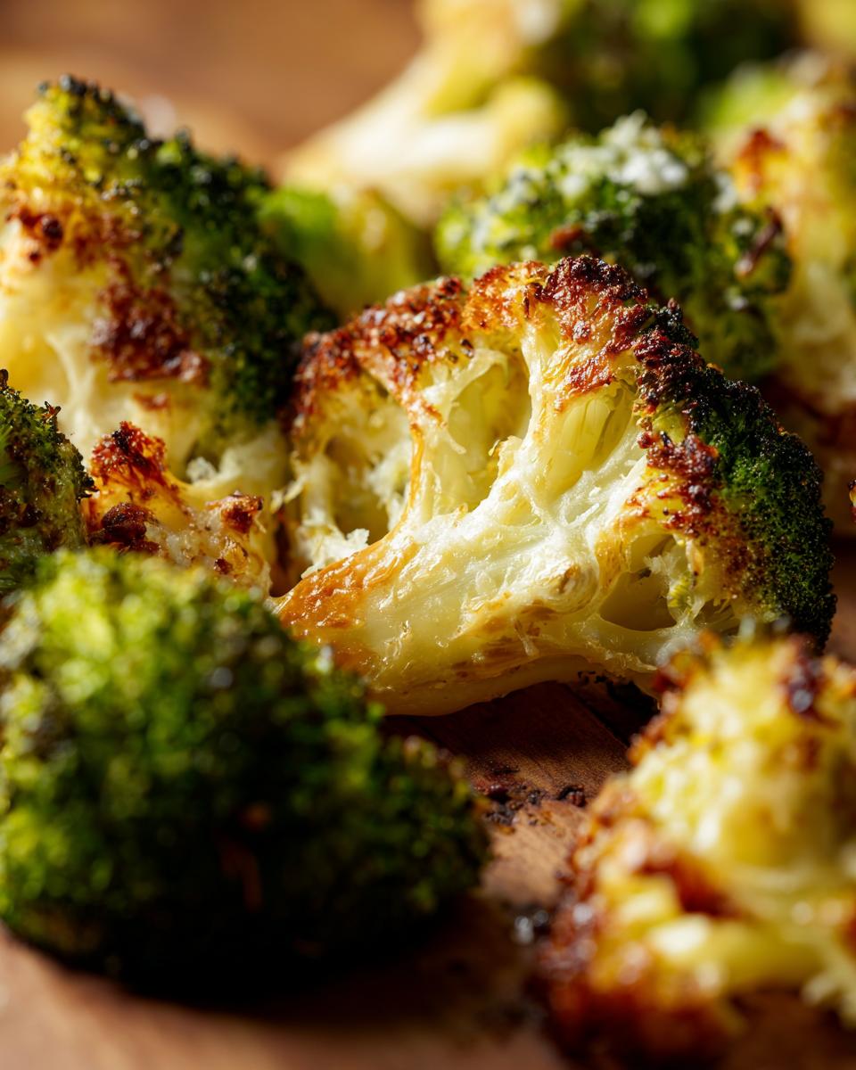Close-up of garlic parmesan roasted broccoli florets with crispy edges on wooden surface