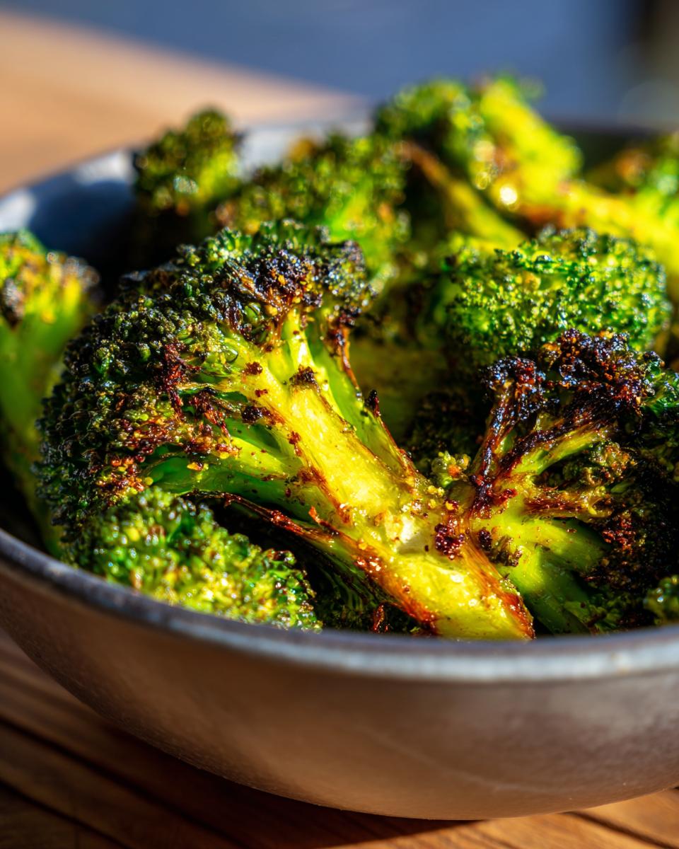 Close-up of garlic parmesan roasted broccoli in a bowl, a popular vegetable side dish recipe