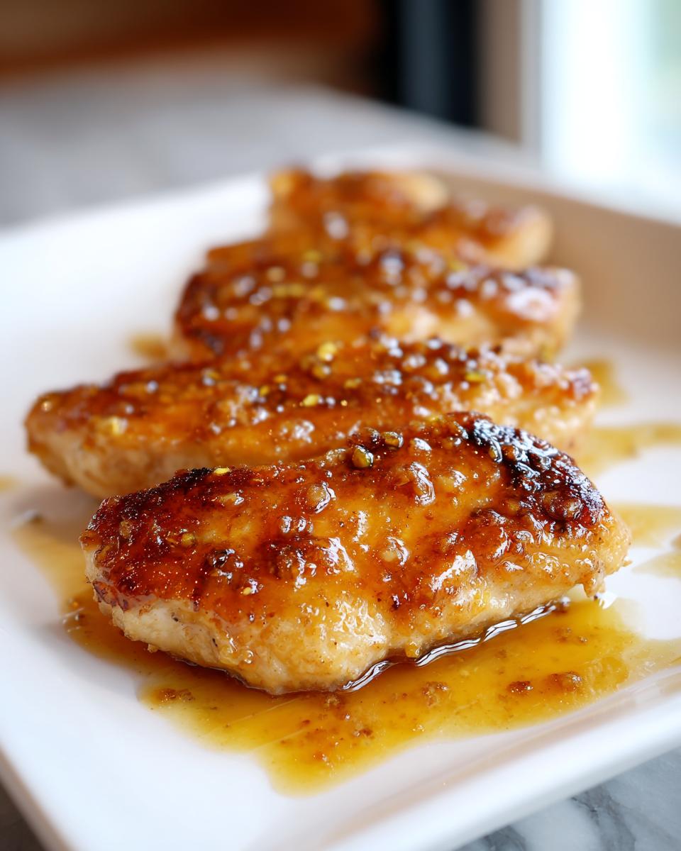 Close-up of glazed spring chicken pieces with sauce on a white plate.