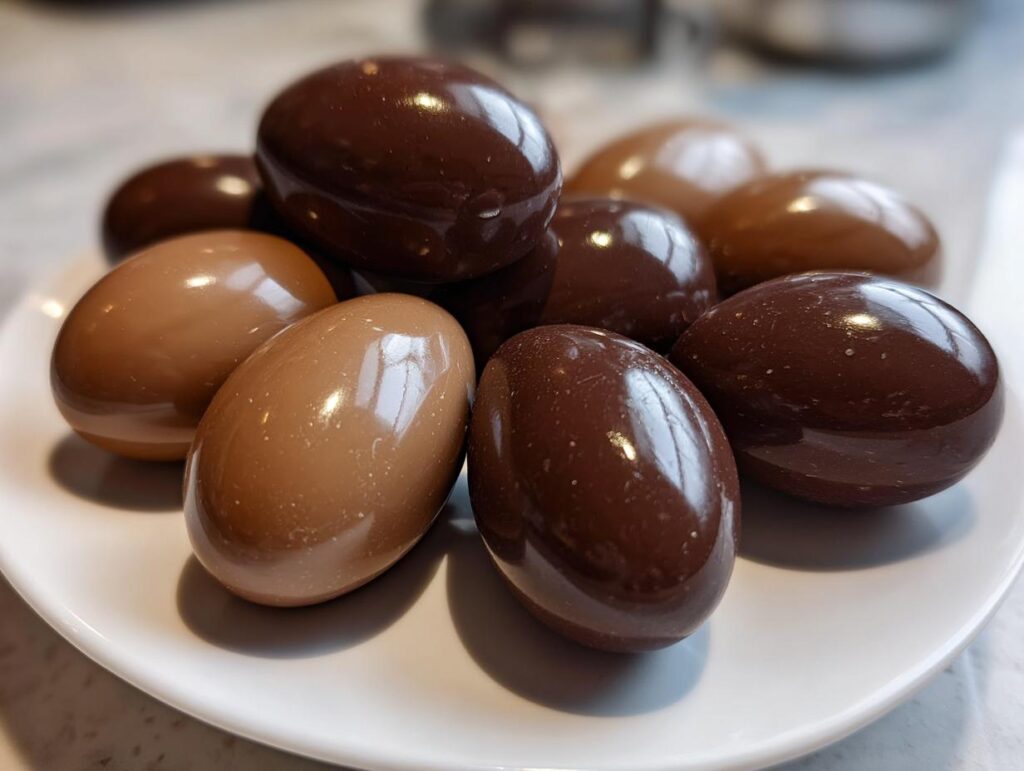 Close-up of glossy chocolate Easter eggs in dark and milk chocolate on a white plate.