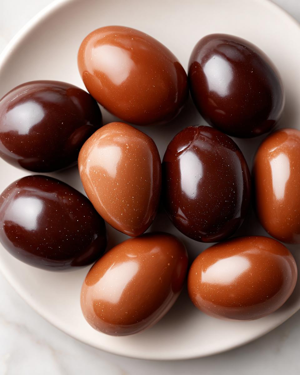 Plate of shiny milk and dark chocolate Easter eggs arranged closely together