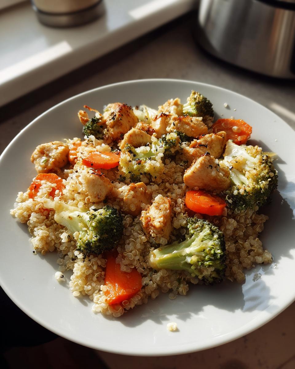 Plate of gluten free dinner with quinoa, broccoli, carrots, and grilled chicken pieces.