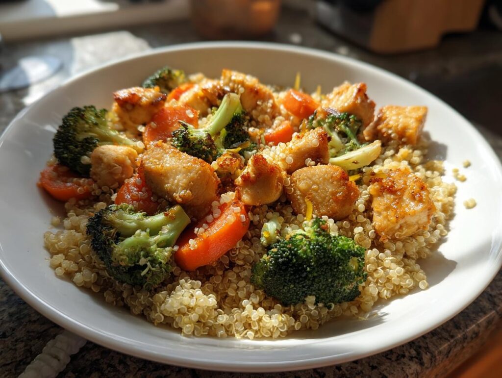 Plate of gluten free dinner recipe featuring quinoa, broccoli, carrots, and grilled chicken pieces.