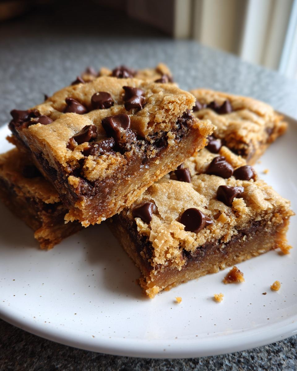 Stacked chocolate chip cookie bars with melty chocolate chips on a white plate.