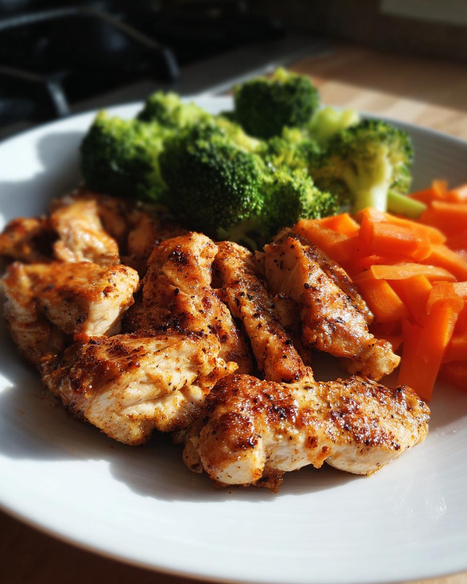 Plate of grilled chicken with steamed broccoli and sliced carrots for easy chicken dinner recipes
