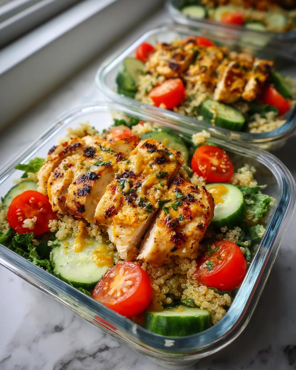 Glass containers with grilled chicken, quinoa, cherry tomatoes, and cucumber salad for easy meal prep lunches.
