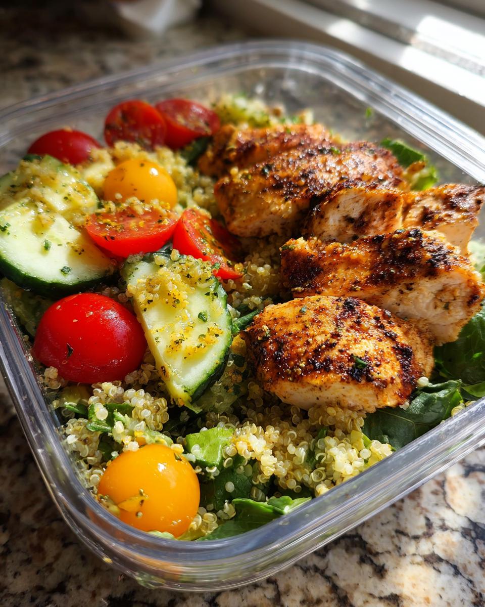 Grilled chicken breast with quinoa, cherry tomatoes, and cucumber in a meal prep container for easy meal prep lunches.