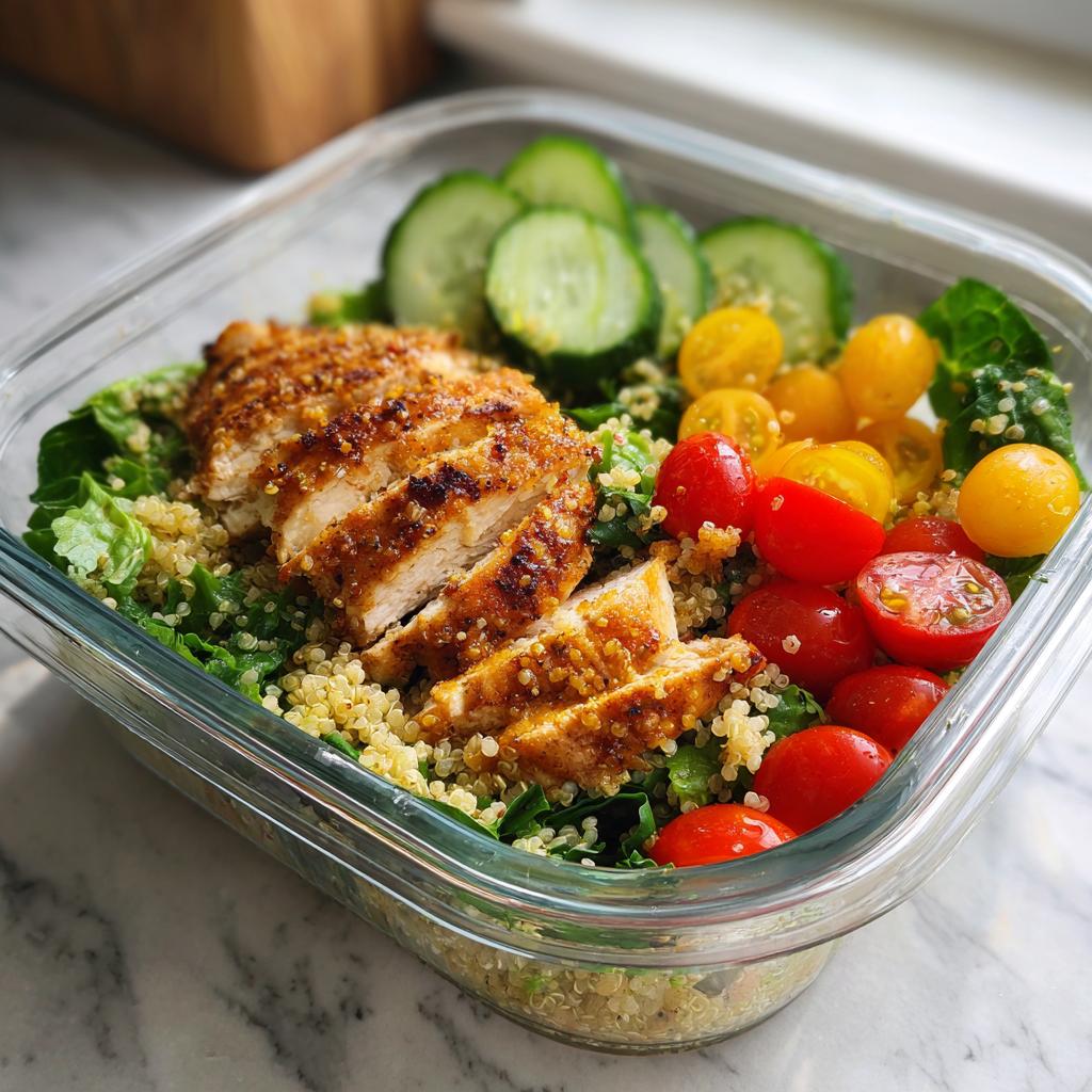 Glass container with grilled chicken, quinoa, cherry tomatoes, cucumber, and greens for easy meal prep lunches