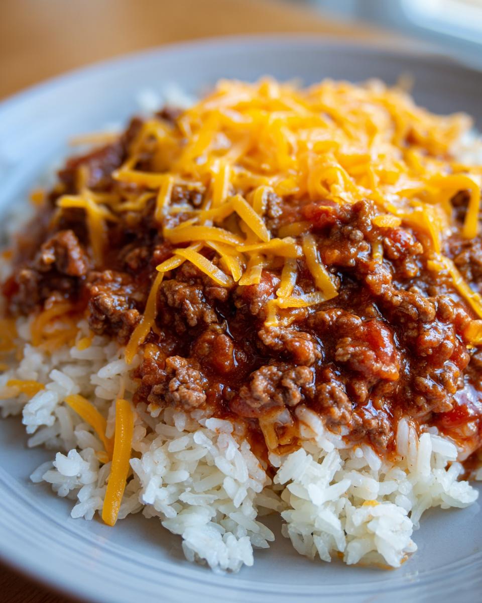 Plate of seasoned ground beef with tomato sauce and shredded cheddar cheese over white rice