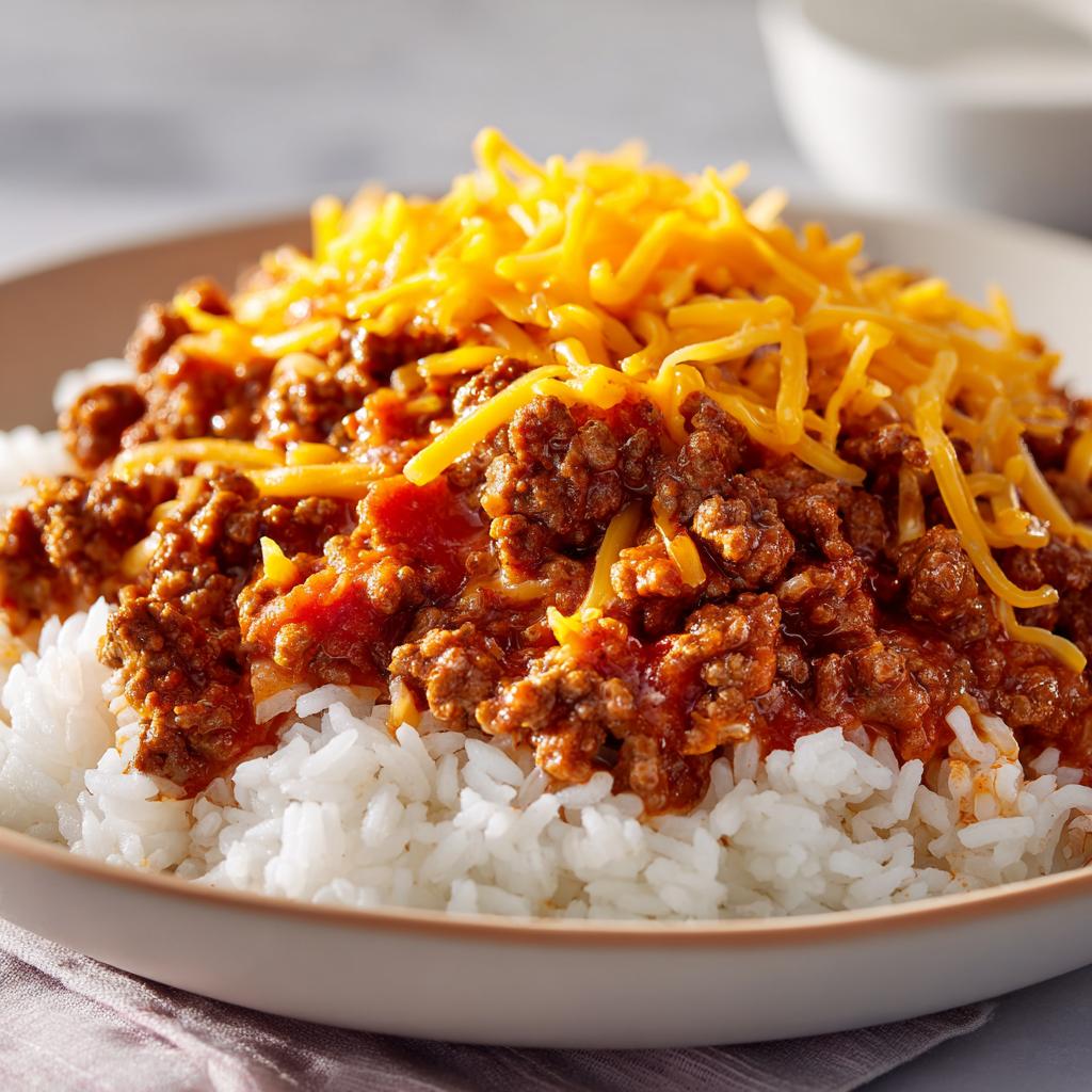 Plate of ground beef chili topped with shredded cheddar cheese served over white rice