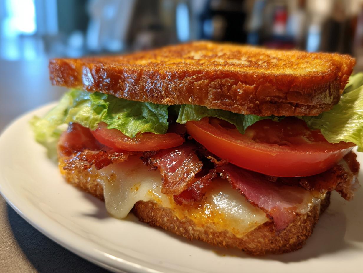 Close-up of a ham sandwich with melted cheese, lettuce, tomato, and toasted bread on a white plate