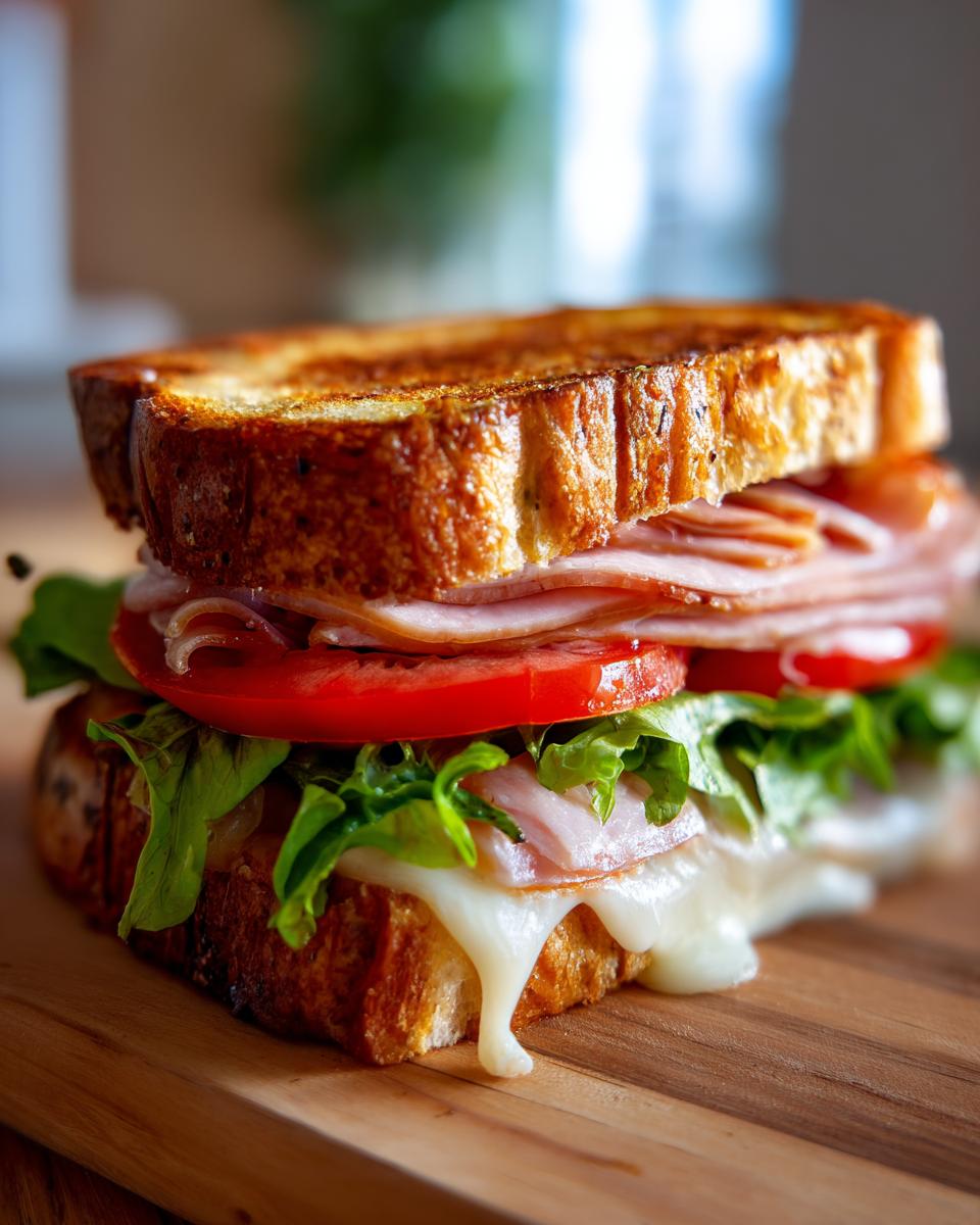 Ham sandwich with melted cheese, lettuce, tomato, and toasted bread on wooden surface.