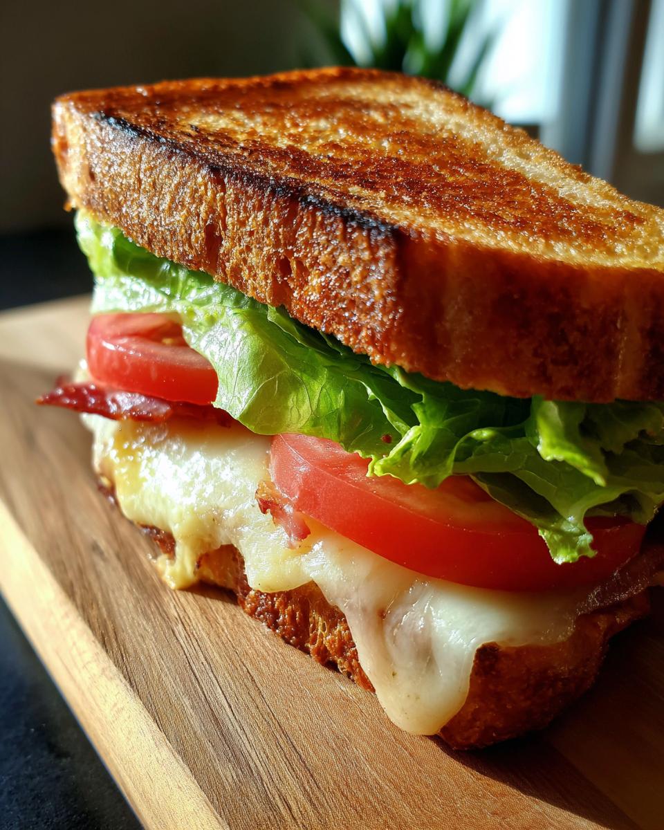 Toasted ham sandwich with melted cheese, lettuce, and tomato on wooden board.