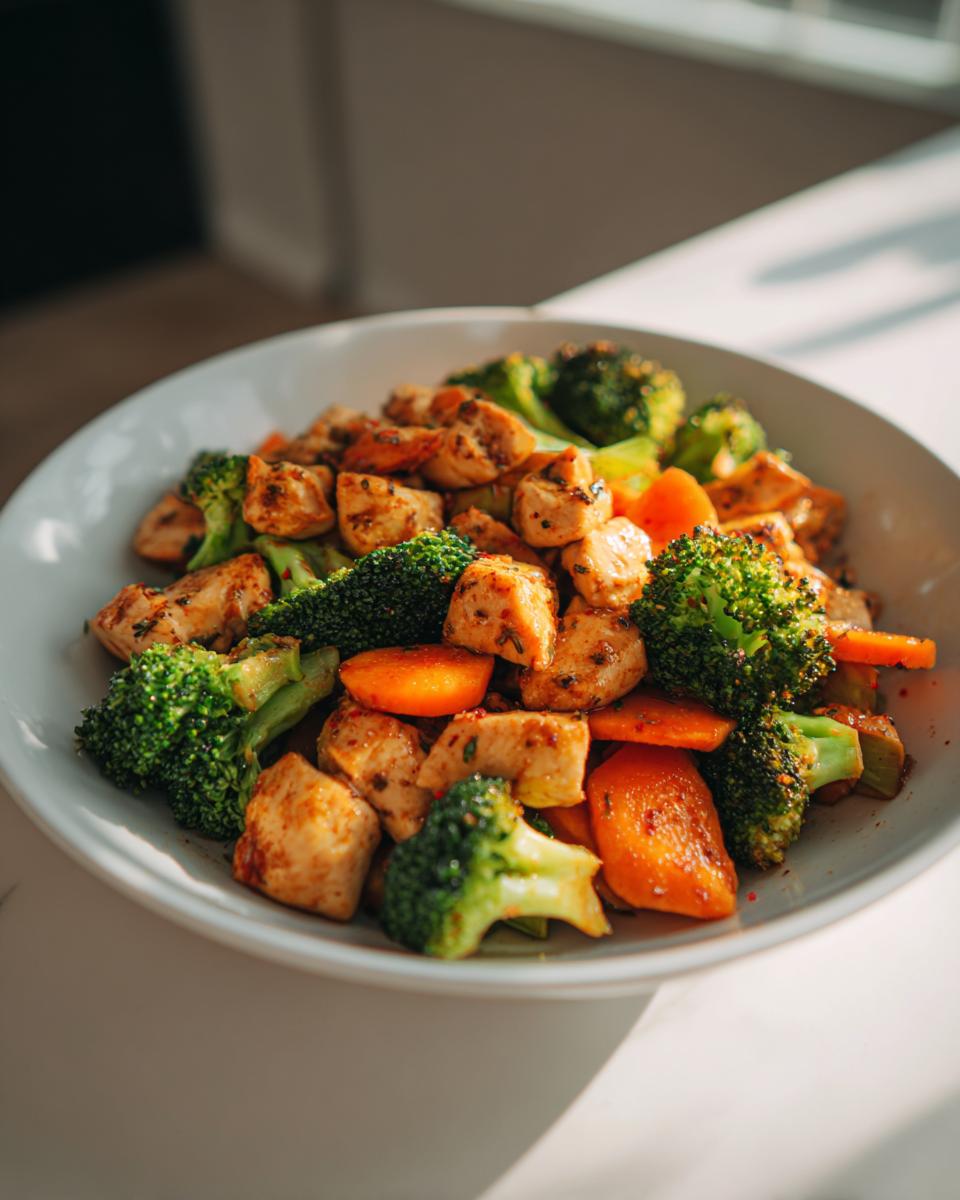 Bowl of healthy chicken stir fry with broccoli and carrots for healthy dinner recipes