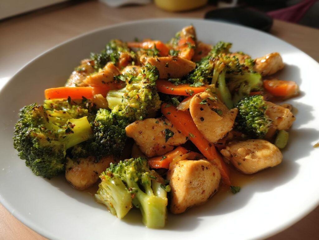 Plate of healthy chicken stir-fry with broccoli and carrots for healthy dinner recipes