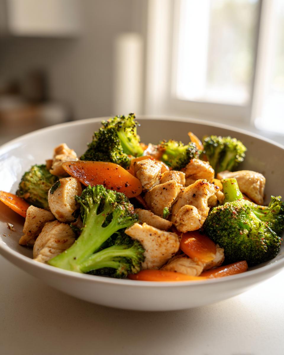 Bowl of chicken stir-fry with broccoli and carrots, a healthy dinner recipes option.