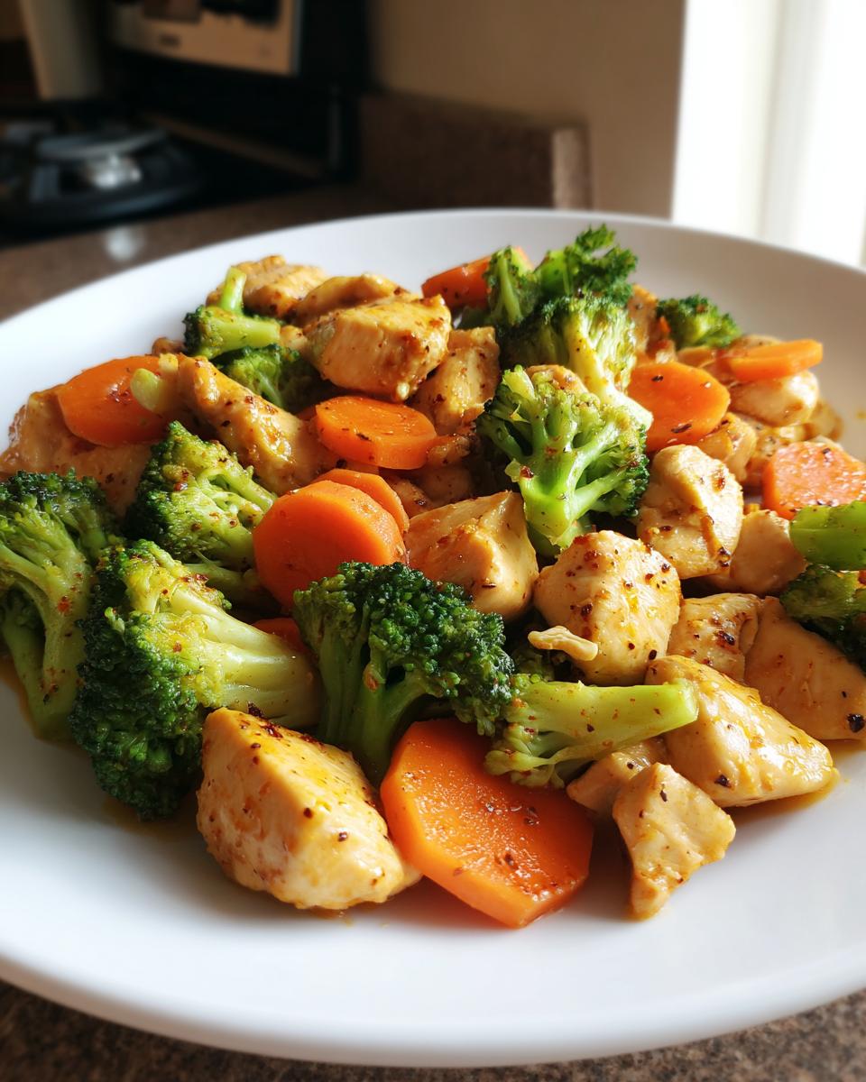 Plate of chicken stir fry with broccoli and carrots, a healthy dinner recipes option.