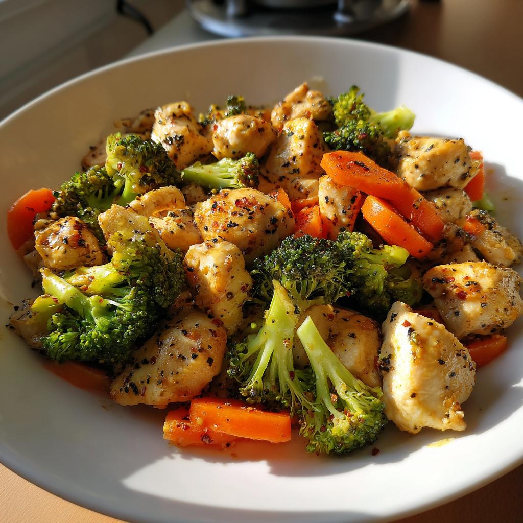 Bowl of chicken stir-fry with broccoli and carrots, seasoned and cooked.