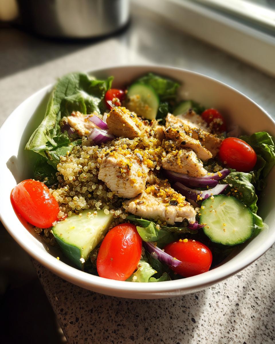Bowl of healthy lunch recipes with grilled chicken, quinoa, cherry tomatoes, cucumber, and lettuce