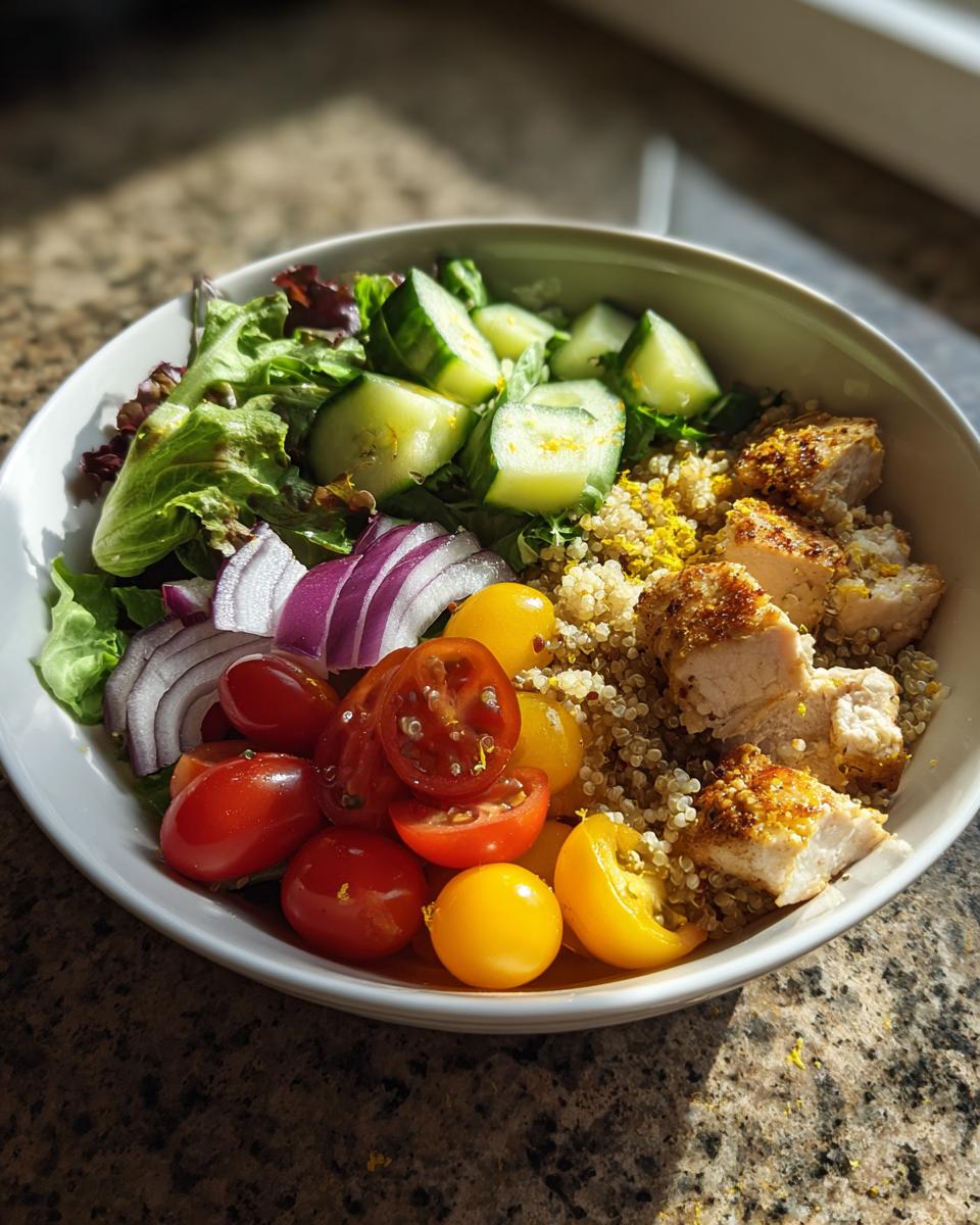 Bowl of healthy lunch recipes with grilled chicken, quinoa, cherry tomatoes, cucumber, red onion, and leafy greens.