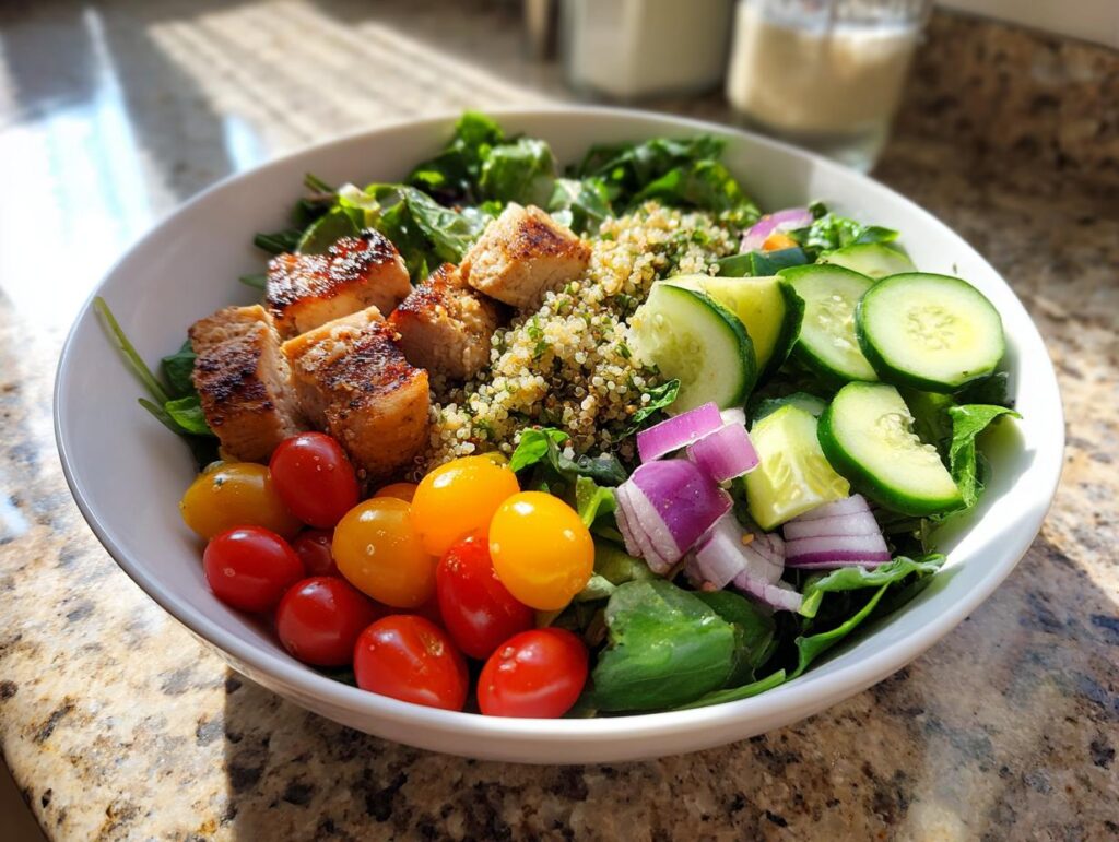 Bowl of grilled chicken quinoa salad with cherry tomatoes, cucumbers, red onions, and greens.