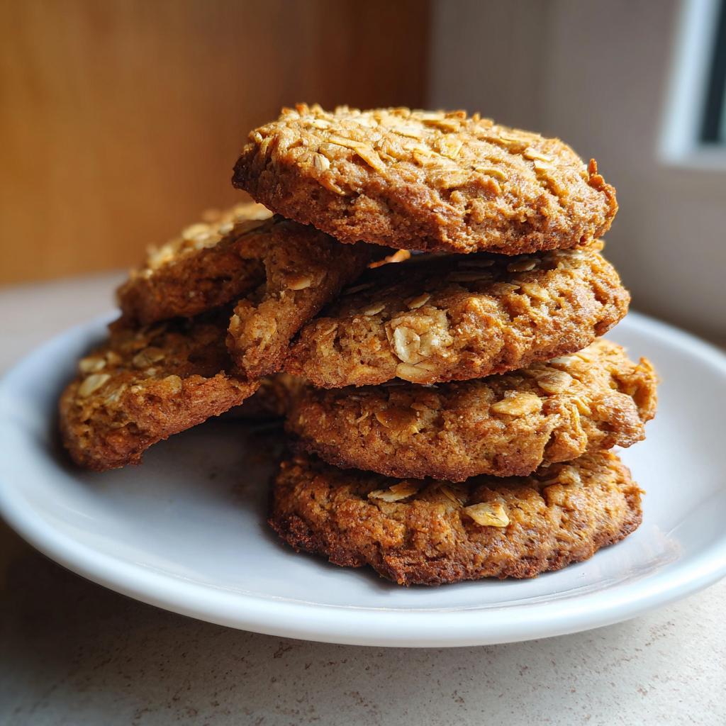 Close-up of a stack of healthy oat cookies on a white plate, showcasing texture and oats.