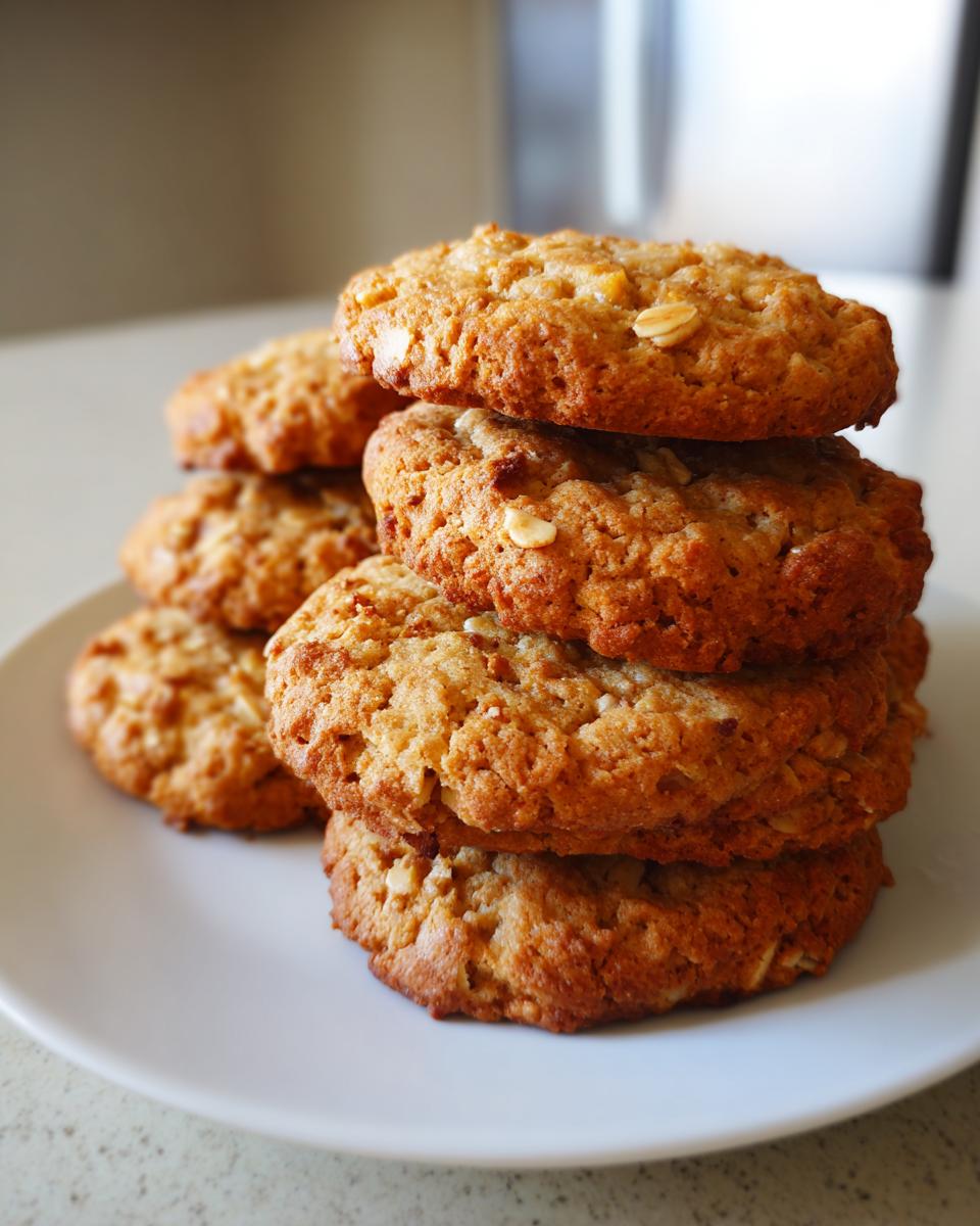 Close-up of a stack of healthy oatmeal cookies on a white plate for healthy snack recipes