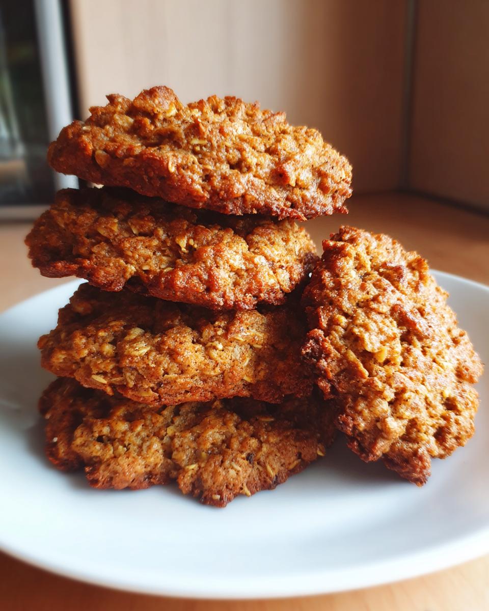 Stack of golden brown oatmeal cookies on a white plate for healthy snack recipes