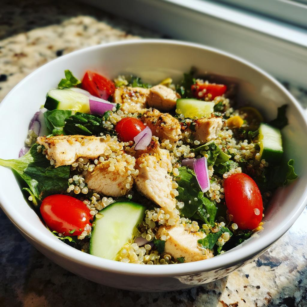 Bowl of healthy lunch recipes with quinoa, grilled chicken, cherry tomatoes, cucumber, and greens.