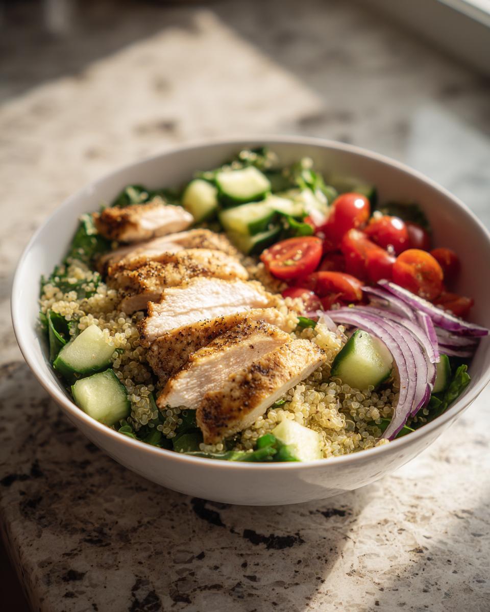 Bowl of healthy lunch recipes featuring quinoa, grilled chicken, cherry tomatoes, cucumbers, and red onions.