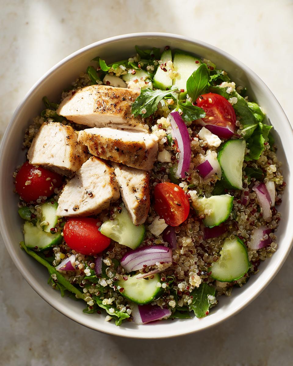Bowl of healthy lunch recipes with grilled chicken, quinoa, cucumber, cherry tomatoes, and red onion.