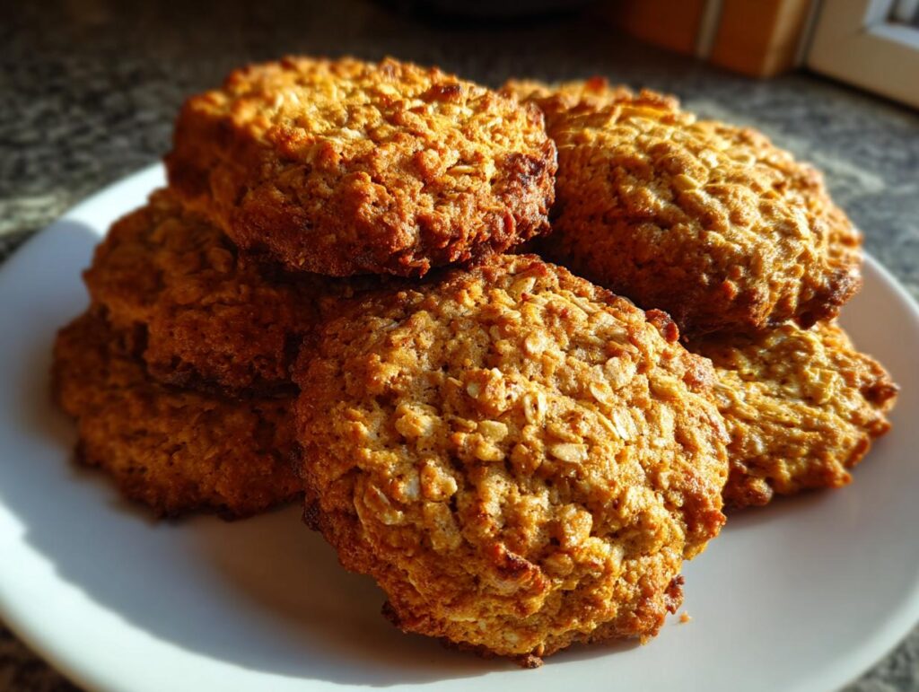 Close-up of golden brown oat cookies stacked on a white plate, representing healthy snack recipes.