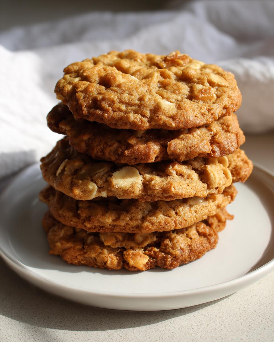 Stack of golden brown oatmeal cookies on a white plate, representing healthy snack recipes.
