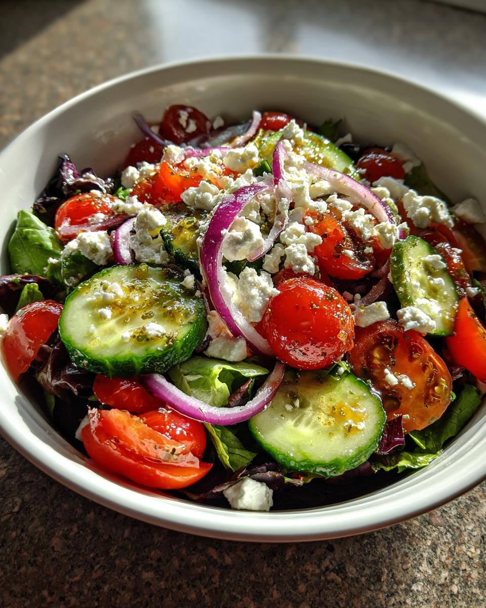 Bowl of healthy spring salads with cherry tomatoes, cucumber slices, red onion, feta cheese, and leafy greens.