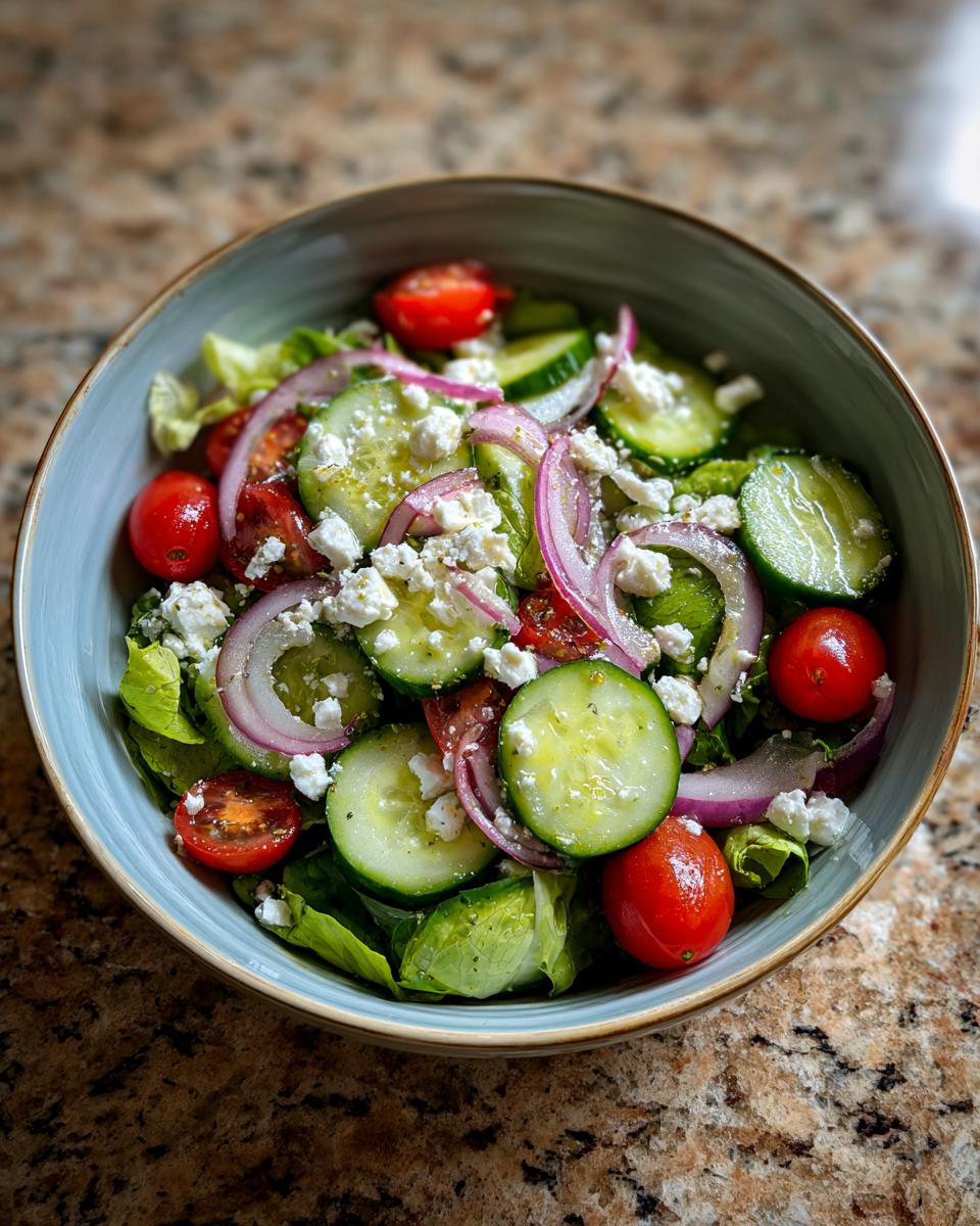 Bowl of healthy spring salad with cucumber, cherry tomatoes, red onion, lettuce, and feta cheese