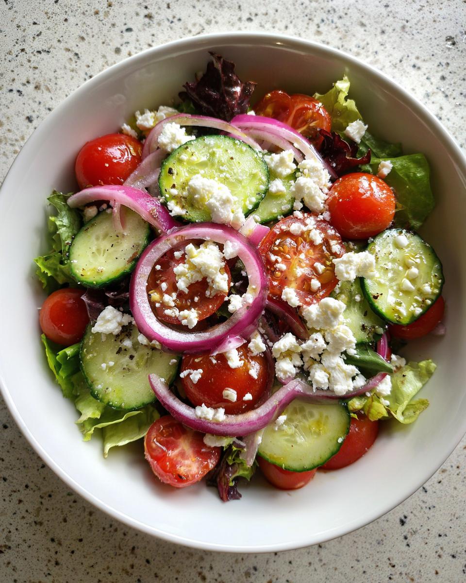 Bowl of healthy spring salads with cucumbers, cherry tomatoes, red onions, lettuce, and feta cheese.