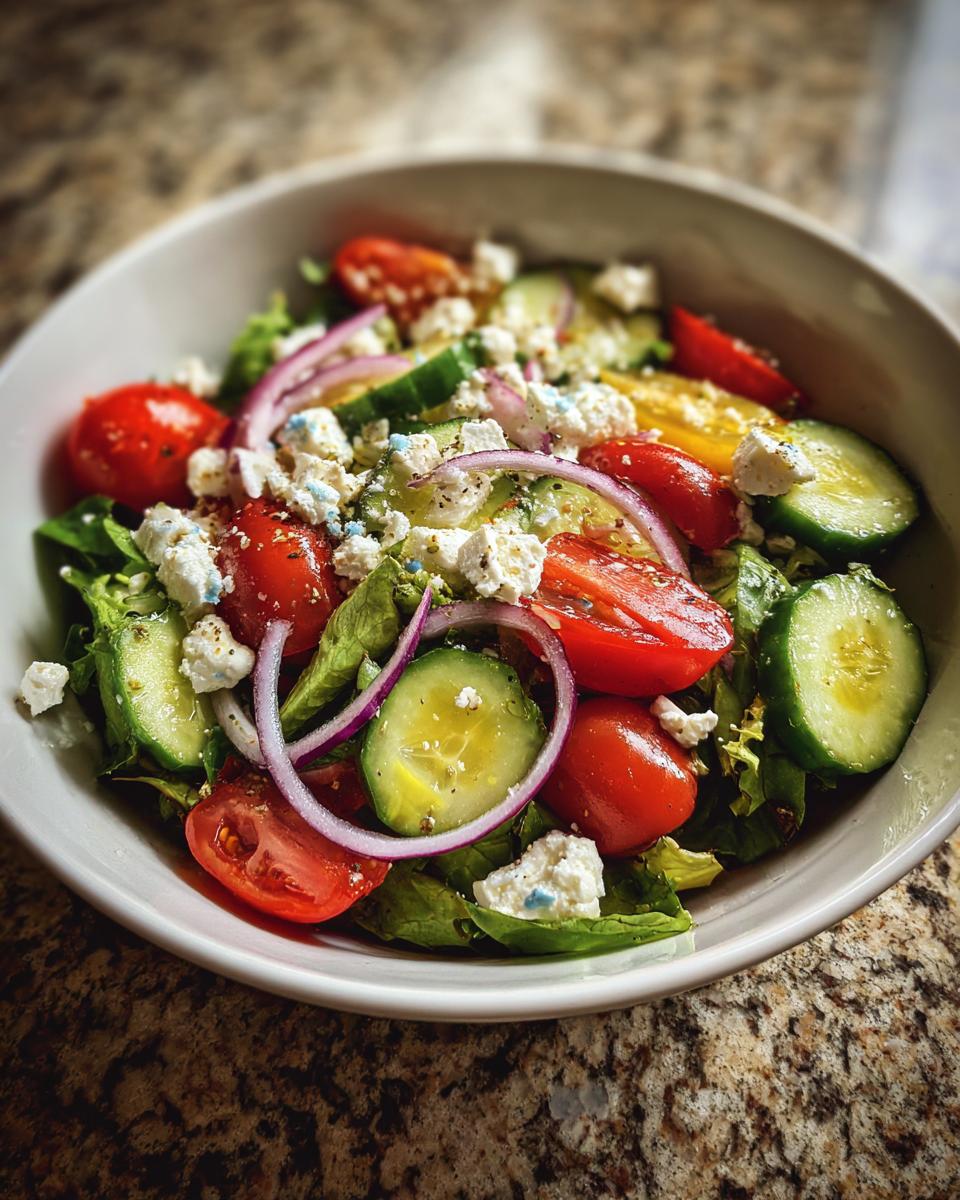 Bowl of healthy spring salads with cucumbers, tomatoes, red onion, lettuce, and feta cheese.